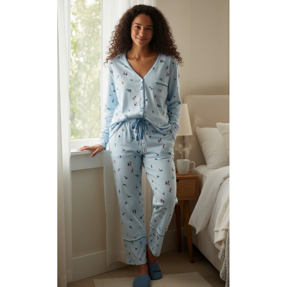 Summersalt Pajama Set Women's L Skiing Button Up Crop Pants Sleepwear Loungewear